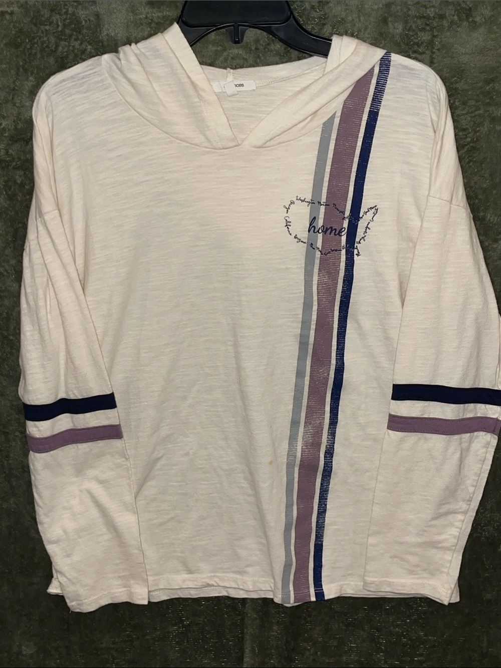 Maurices Cream Hooded Long Sleeve Tee with Purple & Navy Stripe Accents
